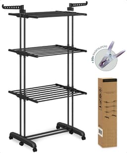 BAUER & MEYER® - Droogrek - Inklapbaar Wasrek - Incl. 20 wasknijpers - Droogtoren - Wastoren - 173 x 75 x 63 cm - Zwart — thumbnail 3