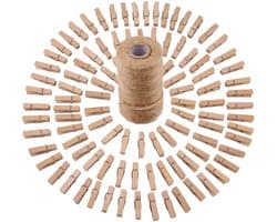 100 STUKS - Mini knijpers - 4.8 cm - Met 1 rol henneptouw (100m) - Houten clips voor fotos - Decoratie Clips - Fotohouder - Knijpers - Wasknijpers - Houtkleur — afbeelding 1
