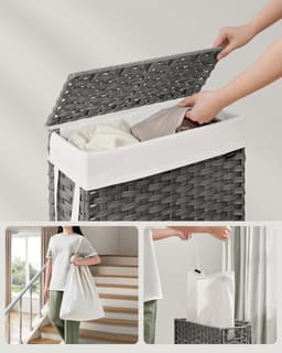 SONGMICS smalle wasmand, wasmand 55 L, wasbox van synthetisch rotan, met deksel en handgrepen, gevlochten, opvouwbaar, afneembare waszak, wasruimte duifgrijs LCB164G01 — thumbnail 2