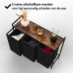 Brixy Wasmand 3 Vakken - Wassorteerder - Uitschuifbaar - Wasbox Metaal - 117L Inhoud - 90 x 33 x 70 cm - Zwart/Bruin — thumbnail 2