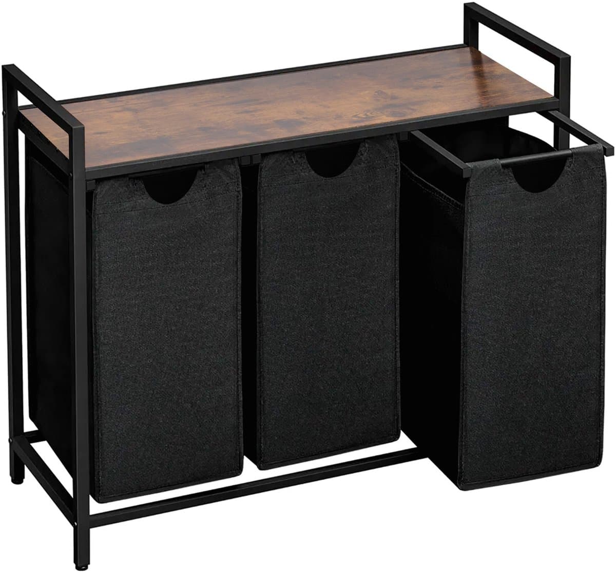 Brixy Wasmand 3 Vakken - Wassorteerder - Uitschuifbaar - Wasbox Metaal - 117L Inhoud - 90 x 33 x 70 cm - Zwart/Bruin — afbeelding 1