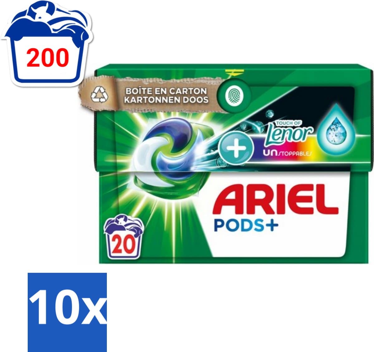 10 x Ariel Original - Touch of Lenor Unstoppables - Wasmiddelcapsules - Pods+ - Gekleurde Was - 20 Wasbeurten - Wasmiddel Capsules - Gekleurde Was - Frisse Geur - Koud Water Was - Vlekverwijdering — afbeelding 1