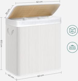Hoppa! Wasmand - Bamboe - 3 vakken - 150 L - Opvouwbaar - Wit — thumbnail 2