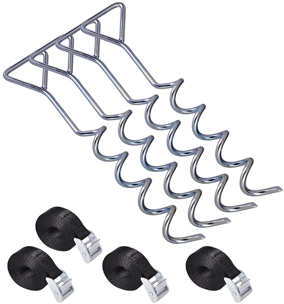 4 Stuks - Grondankers - met 4 Spanbanden 2.3m - Spiraalharing - Ankerset / grondanker - Universele Trampoline Verankeringsset - 30.5*5.5cm - metaal — afbeelding 1