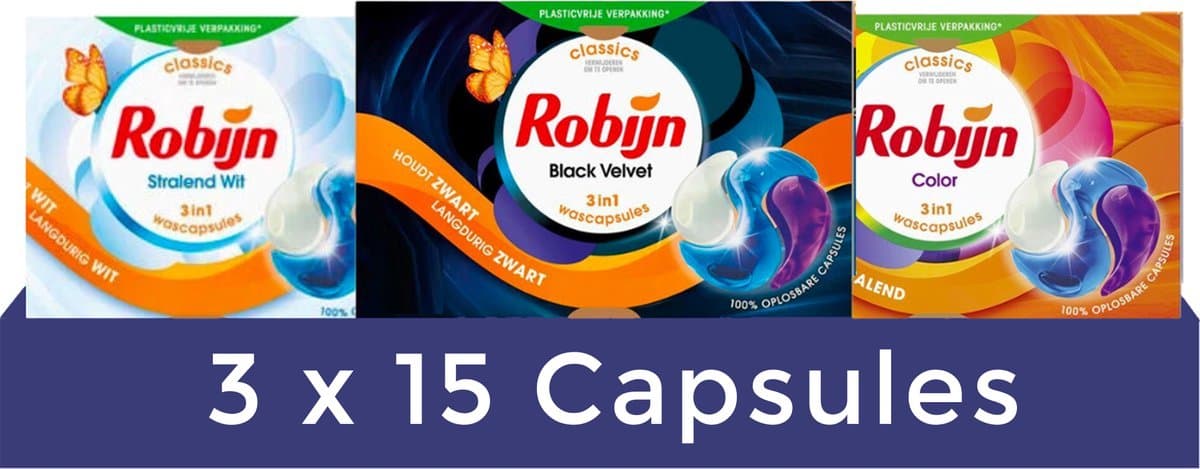 Robijn Color Black Velvet en Stralend Wit 3-in-1 Wascapsules Pakket - 3 x 15 wasbeurten - Voordeelverpakking — afbeelding 1