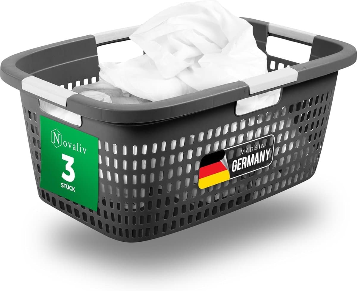 Novaliv 3-delige wasmand met 4 handgrepen 40L antraciet, wasboxset, wasemmer, wascontainer voor badkamerwas, vuile was, wasmand, opbergmand, verzamelbox — afbeelding 1