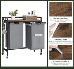 J&R Wasmand kastje - Wasmand met 2 vakken - Wassorteerder - Wasmand tafel - Waszak - Badkamerkast - Wasmand meubel - Wasmand rek - Dark brown - Zwart metaal — thumbnail 4