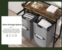 J&R Wasmand kastje - Wasmand met 2 vakken - Wassorteerder - Wasmand tafel - Waszak - Badkamerkast - Wasmand meubel - Wasmand rek - Dark brown - Zwart metaal — thumbnail 5