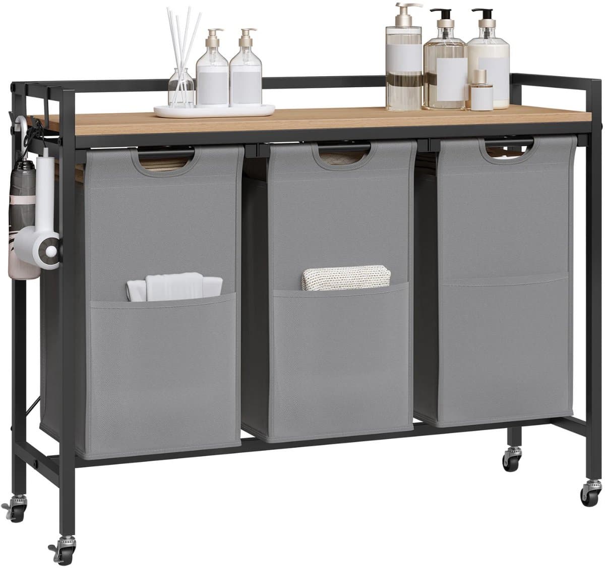 Varnox Wasmand kastje - Wasmandkastje - Tafel met wasmand - Wasmand met 3 vakken - Wassorteerder - Wasmand tafel - Badkamerkast - Wasmand meubel - Waszak - Wasmand rek - Light oak - Op wielen - Zwart metaal — afbeelding 1