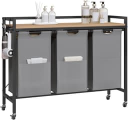 Varnox Wasmand kastje - Wasmandkastje - Tafel met wasmand - Wasmand met 3 vakken - Wassorteerder - Wasmand tafel - Badkamerkast - Wasmand meubel - Waszak - Wasmand rek - Light oak - Op wielen - Zwart metaal — thumbnail 1