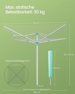 Furnstar - Droogrek in hoogte verstelbaar 60 m waslijn voor 6 wasmachineladingen outdoor tuin met bodemhuls wasknijpers zilver-groen LLR302E01 — thumbnail 4
