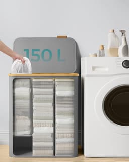 SONGMICS Wasmand met 3 vakken, 150 l, wasmand met deksel, opvouwbaar, afneembare waszak, Oxford stof, bamboe handvatten, 60 x 38,5 x 70,5 cm, duifgrijs — thumbnail 3