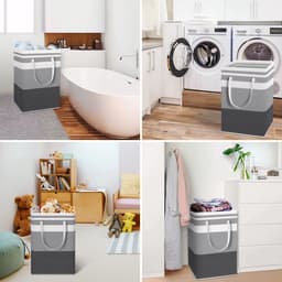 Wasmanden - Wasmand opvouwbaar - wassorteerder - wasmand 2 vakken - Katoen-linnen met waterdichte coating en metalen frame - voor veelzijdige opslagdoeleinden - met 4 opvouwbare kledinghangers - Verlengde handvatten — thumbnail 5
