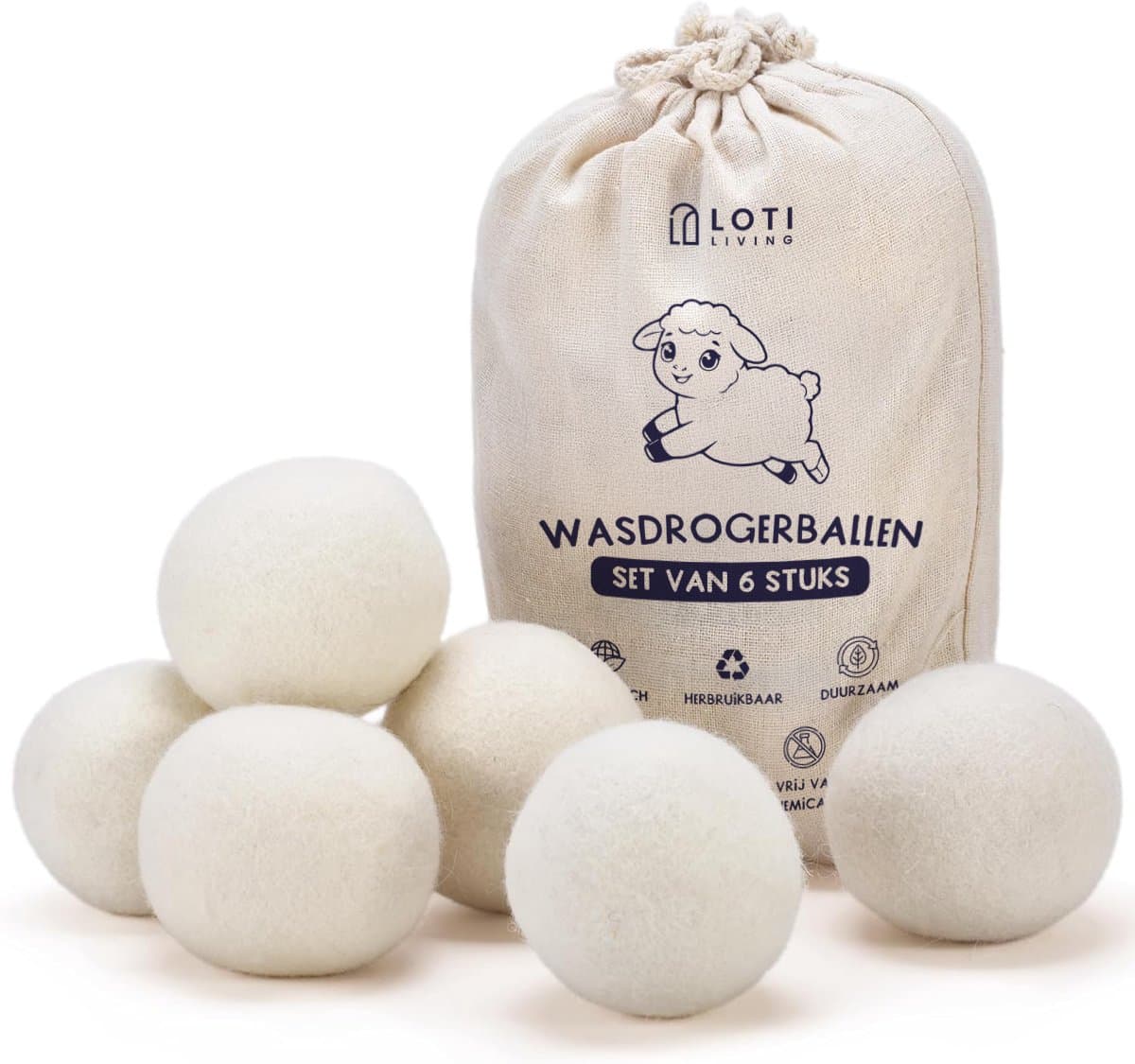 Loti Living Drogerballen Wit - 6 Wasdrogerballen - 100% Schapenwol - Droogballen met Opbergzak — afbeelding 1