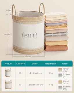 Furnstar Wasmand - 60 Liter - Opbergmand met Deksel - Katoenen Touw - Trekkoord - Handvatten - Voor Kleding en Dekens - Bruin RLH060K01 — thumbnail 2