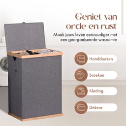 Zessta® Wasmand 2 Vakken - Wasmand met deksel - Wasmand - Wassorteerder - Opvouwbaar - Inklapbaar - 160L - Grijs - Bamboe — thumbnail 4