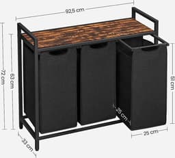 Furnstar Wasmand met 3 Vakken en Plank – Wassorteerder met Uitneembare Waszakken – Wasrek met Metalen Frame – Rustiek Bruin/Zwart — thumbnail 2