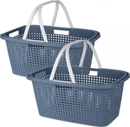 Wasmand met hengsel - 38 liter - 60 cm - blauw/wit - Draagwasmanden - Wasgoedmand - Mand met handvatten — thumbnail 2