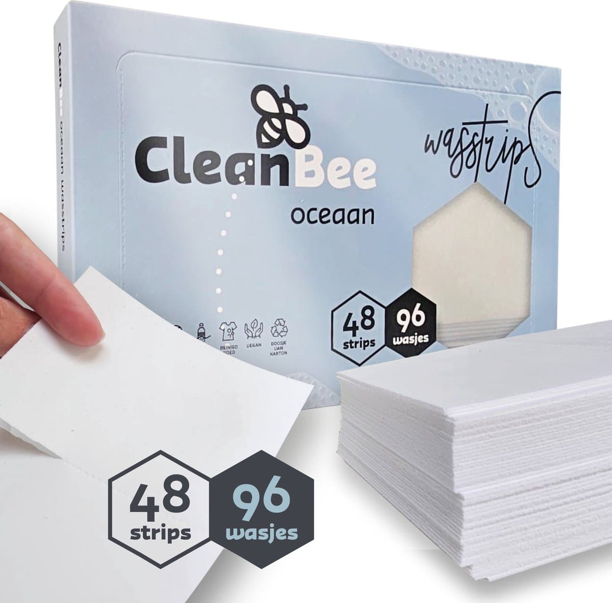CleanBee Wasmiddelstrips 96 Wasbeurten Oceaan - Wasmiddel Wasvellen - Detergent Sheets - Eco Laundry Strips - Micro Plasticvrij - Biologisch - Eco Wasstrips - Wasstrips - Wasmiddelstrips — afbeelding 1