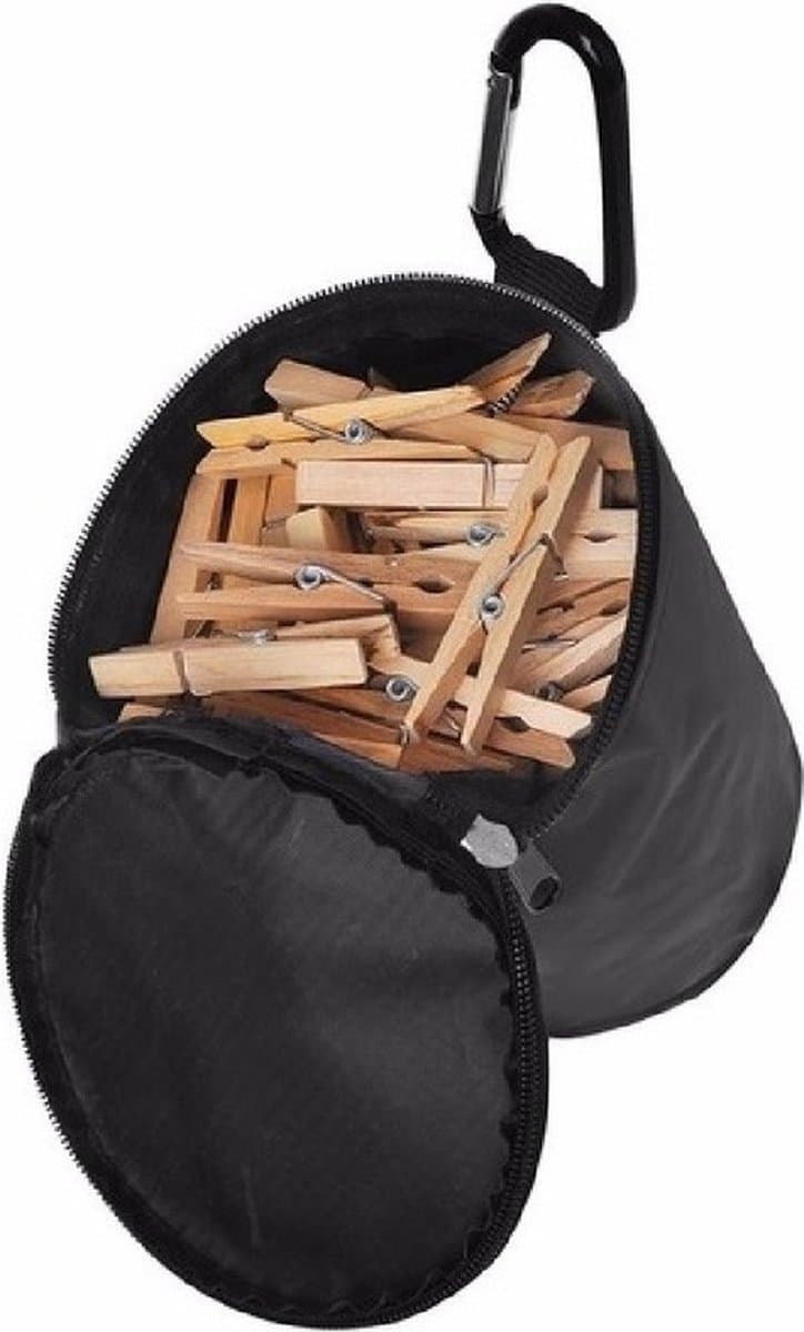 Wasknijperzak met karabijnhaak - en 100x stuks houten knijpers - knijperzak - Was ophangen — afbeelding 1