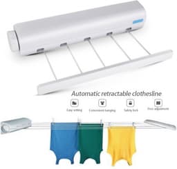 Wandwaslijnen - Roldrooglijn - 5 Waslijnen Tot 3.75 M Traploos Uittrekbaar - Praktisch Rolsysteem-Voor Wandmontage Incl-Bevestigingsmateriaal - Wit — thumbnail 4