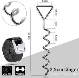 Grondankers trampoline 425 cm 5 windingen verstelbare riemen roestvrije zekering - set van 4 met 900 kg draagvermogen — thumbnail 3