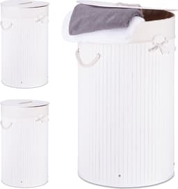 3x wasmand bamboe - wasbox met deksel - 70 liter - rond - 65 x 41 cm - wit — thumbnail 1