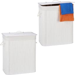 2x wasmand 2 vakken - bamboe wasbox wit - 95 liter - opvouwbaar - met deksel — thumbnail 3