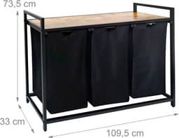 Wasmand 3 vakken - 150 liter - met plank - zwart-natuur — thumbnail 2