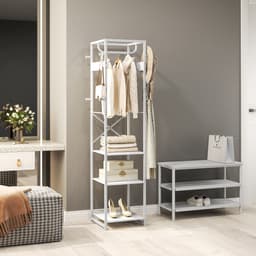 Kledingrek met Stang en 2 Open Planken, Hout en Staal, 38,5x30x170 cm, Wit en Houtkleur — thumbnail 4