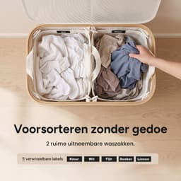 Wasmand 2 Vakken - Wassorteerder met Deksel - Wasbox op Wielen - 140L — thumbnail 2