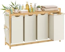 Damenzo - Wasmand - Wasmand met deksel - Kleding - Waszak - 4 Vakken - Wassorteerder - 200 Liter -124,6x33x78 cm - Wit - Bamboe