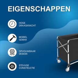 Wasmandkar – Voor hotels en woningen – opvouwbaar met zwenkwielen en metalen frame met binnenvoering, hoge draagkracht (200 kg) – metaal/kunststof – zwart — thumbnail 5