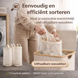 Vellano Wasmand 3 Vakken – Wassorteerder met Deksel – 160L – 3 Uitneembare Waszakken – Bamboe Frame – Incl. Drogerballen & Jasmijn Geurverfrisser — thumbnail 4