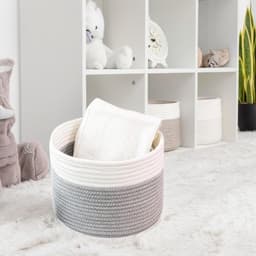 Woven Laundry Basket with Handles - Stackable Storage for Clothes, Toys - 21 x 21 cm (Grey & White) — thumbnail 2
