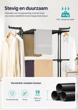 Jurrys Wasdroger - Droogrek - Standaard droger - Kleding droogrek - 4 niveaus - Multifunctioneel - Zwart - 63,5x125,5x173 cm — thumbnail 4