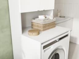 PLATAN ROOM Wasmachinekast, badkamer, hoge kast, bovenbouwkast voor wasmachine en wasdroger, 210 x 65 x 50/56 cm, wit (mat wit/wit hoogglans, 56 cm diep) — thumbnail 3