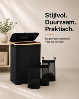 SOVARA Wasmand 3 vakken - 160L - Zwart - Bamboe wassorteerder - 3 uitneembare waszakken — thumbnail 5