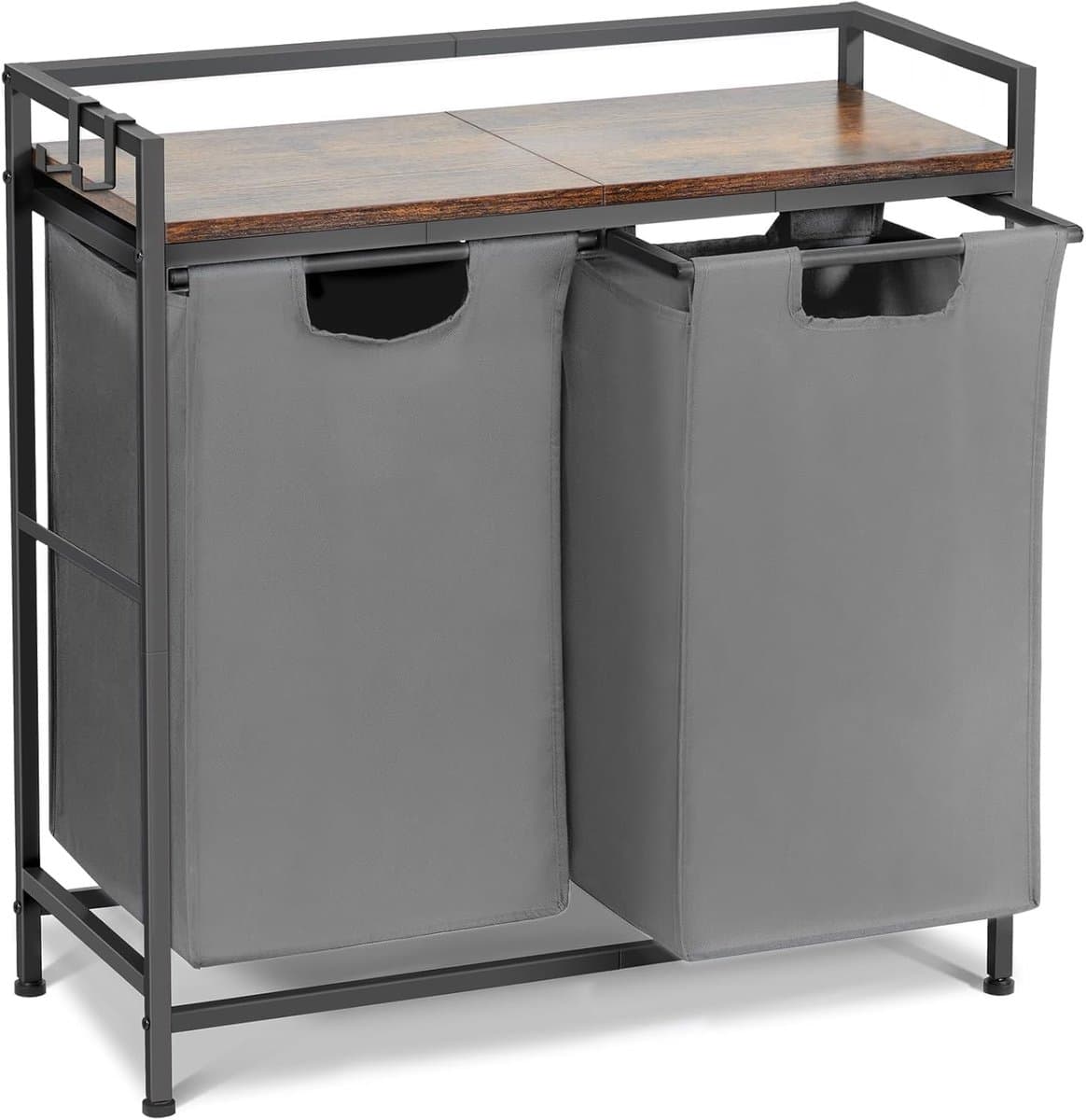 Wasmand met 2 Vakken - 92 Liter - Industrieel Wastsysteem met Houten Plank & Metaal Frame - Uitschuifbaar & Op Wielen - Wasmand voor Badkamer & Slaapkamer - 73x30x74 cm — afbeelding 1