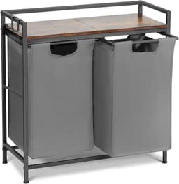 Wasmand met 2 Vakken - 92 Liter - Industrieel Wastsysteem met Houten Plank & Metaal Frame - Uitschuifbaar & Op Wielen - Wasmand voor Badkamer & Slaapkamer - 73x30x74 cm — thumbnail 1