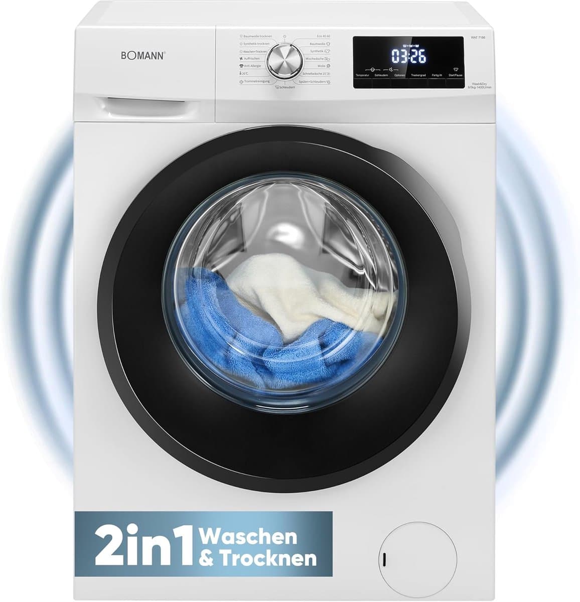Bomann WAT 7186 Was-droogcombinatie - 8 kg Wassen - 5 kg Drogen - 1400 tpm - Inverter Motor - Stoomfunctie - Wit — afbeelding 1