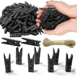 Mini Wasknijpers - Houten Knijpers - Foto's Ophangen - Met Jute Touw - 100 Stuks - Zwart — thumbnail 1