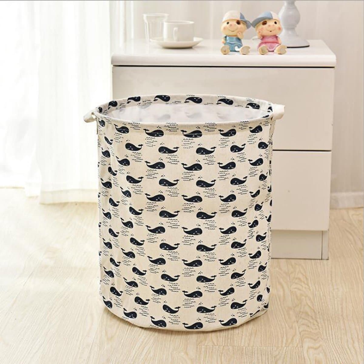 1-delige set - Wasmand - Katoen/linnen wasmand - Opbergemmer - Opbergtas - Opvouwbaar - Katoen/linnen materiaal - Waterdicht - Geschikt voor het opbergen van vuile kleding, speelgoed en huishoudelijke artikelen - 43*35 cm - Wit met walvismotief — afbeelding 1