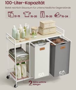 J&R Wasmand met 2 Uitneembare Waszakken – 100L Wasgoedsorteerder op Wielen – Wit — thumbnail 4