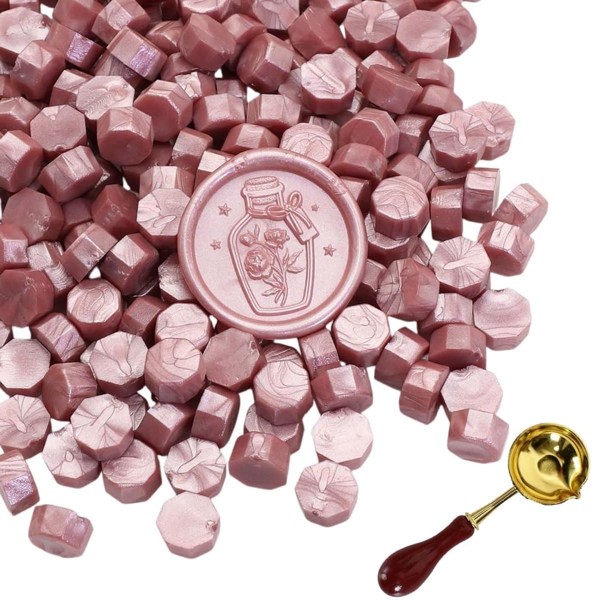 300 Stuks Octagonale Wasbolletjes met Smeltlepel voor Waxstempels, Uitnodigingen, Kaarten en Cadeauverpakking in Roze en Goud — afbeelding 1