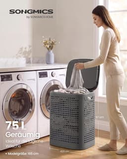 SONGMICS wasmand met deksel, wasbak plastic, 75 L, wasbak smal, wasbox ruimtebesparend, voor badkamer, wasruimte, slaapkamer, donkergrijs RLH021G101 — thumbnail 3