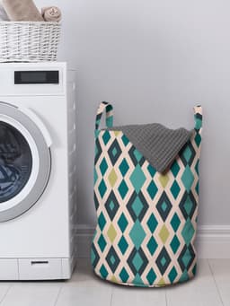 ABAKUHAUS Geometrische waszak, zigzag en diamanten, wasmand met handvatten en trekkoord voor wasserettes, turquoise blush en kaki — thumbnail 3
