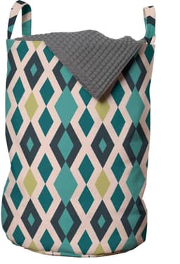 ABAKUHAUS Geometrische waszak, zigzag en diamanten, wasmand met handvatten en trekkoord voor wasserettes, turquoise blush en kaki — thumbnail 1