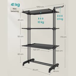 Weelora Wasrek - Droogrek - Droogtoren - Wasrek Inklapbaar - Wasrek Staand - 4 Niveaus - Opvouwbare Vleugels - Met Rollen - 63,5x125,5x173 Cm — thumbnail 3