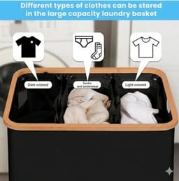 Stervia Wasmand - Wasmand 3 Vakken - Wassorteerder - 160 Liter - Ademend - Licht Materiaal - Opvouwbaar - Zwart - 37 x 57 x 75 cm — thumbnail 5
